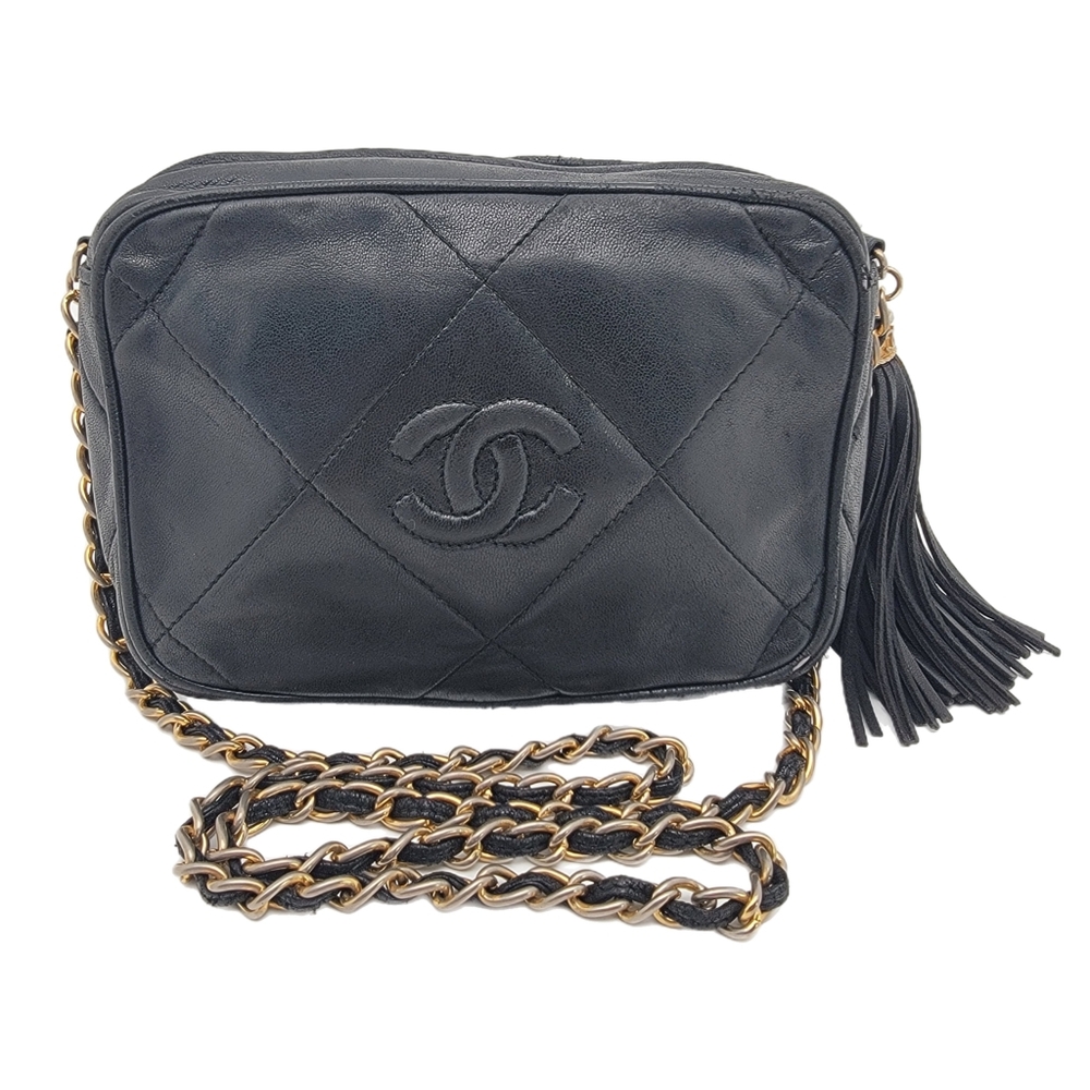 CHANEL PURSE CROSSBODY WITH TASSEL BLACK DIAMOND PATTERN AUTHENTIC